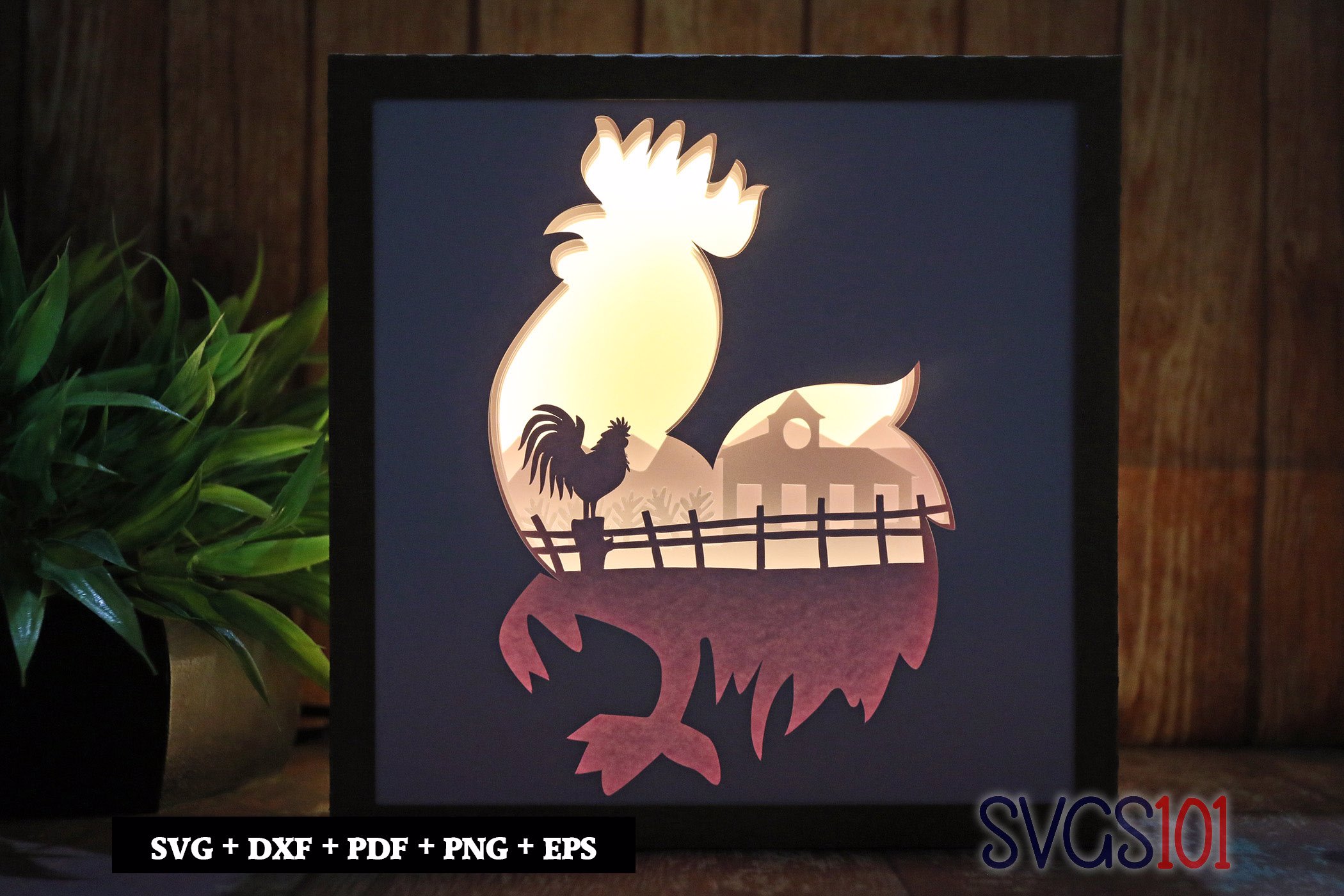 Rooster Standing a Fence LED Light Box Shadow Box Square 8x8, 12x12