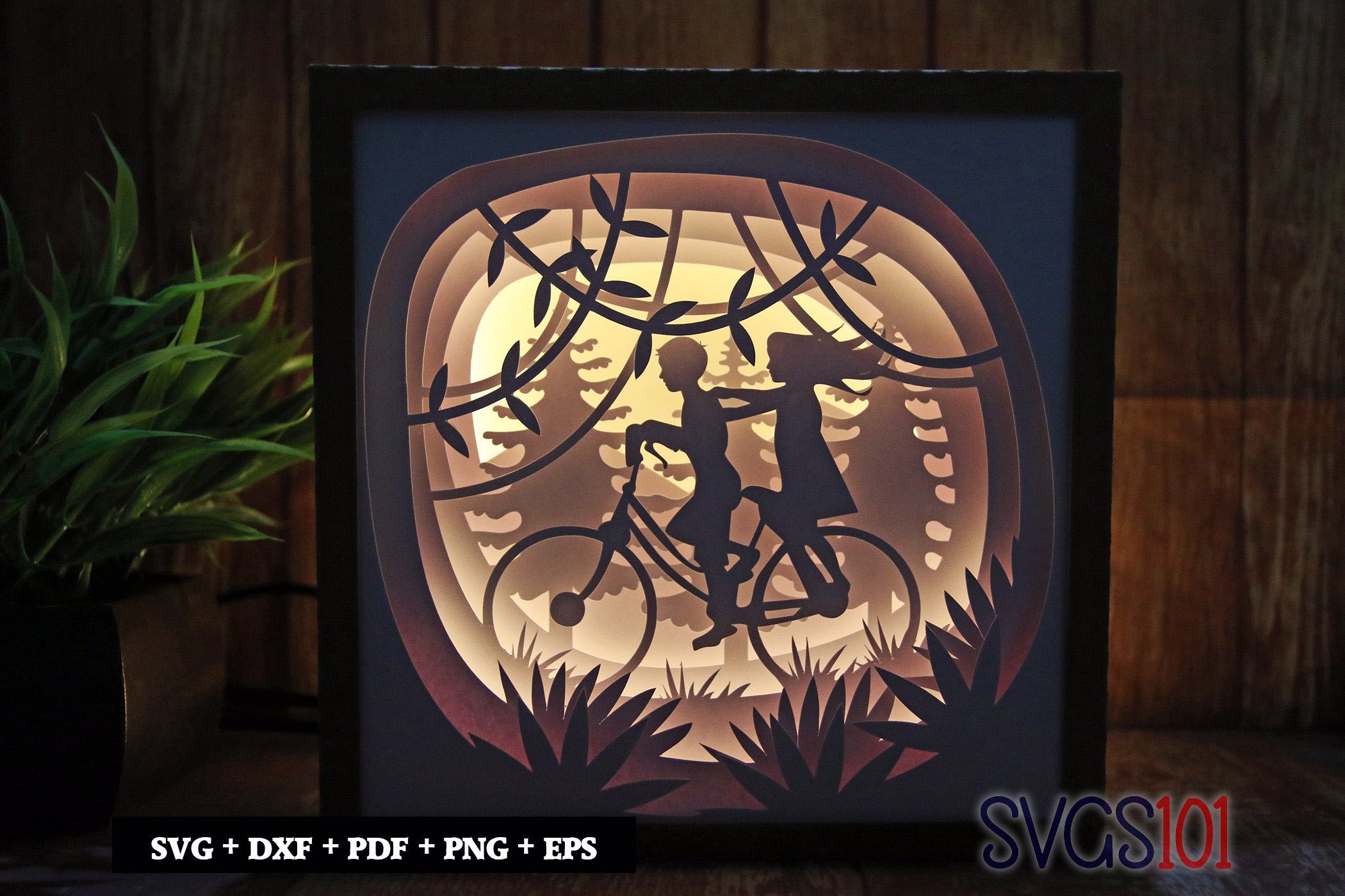 Couple Riding Bicycle Shadow Box Light Box 8x8, 12x12