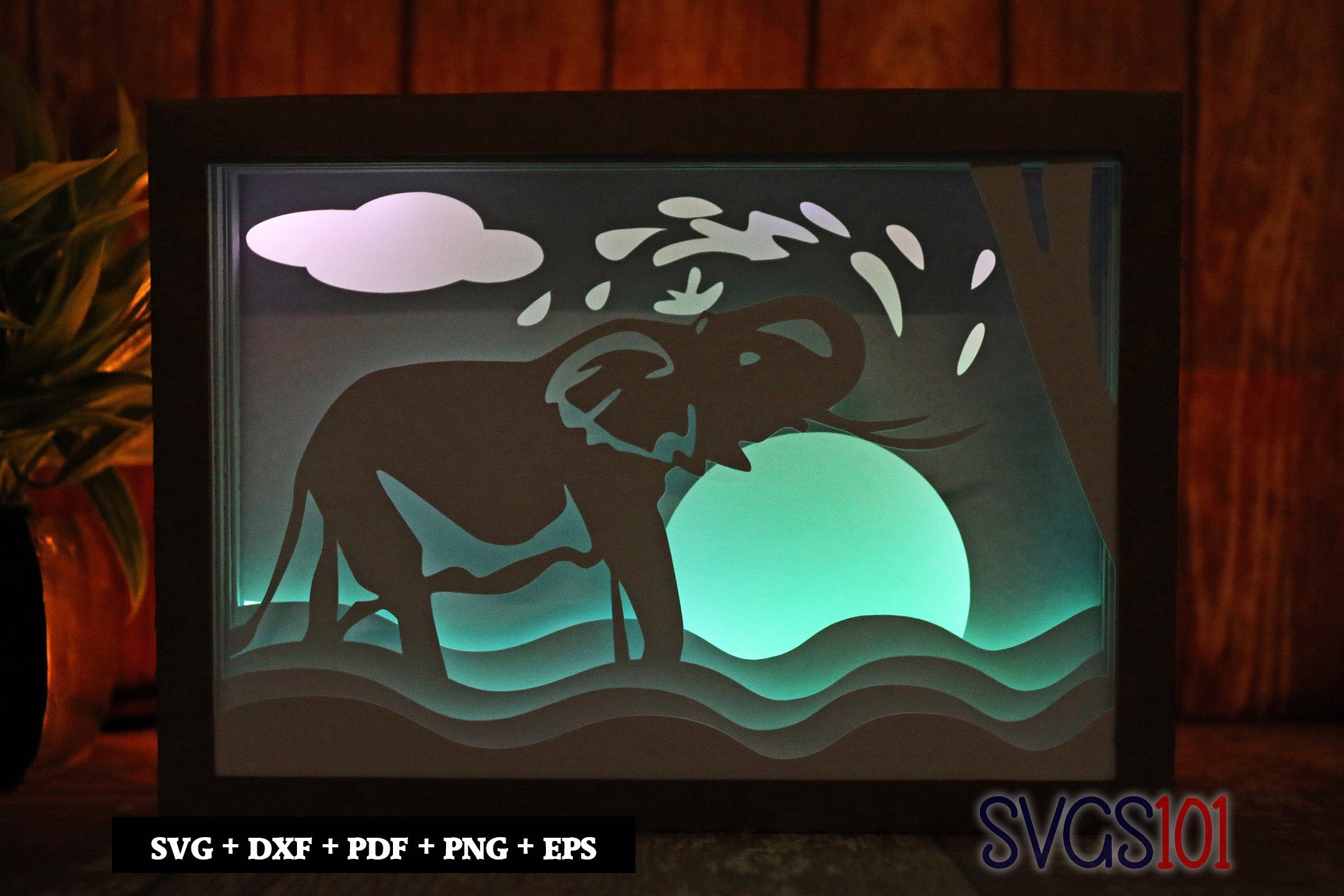 Elephant Bathing Paper 3D Shadow Box SVG 5x7