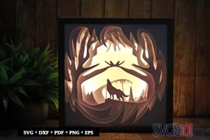 Wolf Howling Night Paper 3D Shadow Box SVG 8x8 12x12