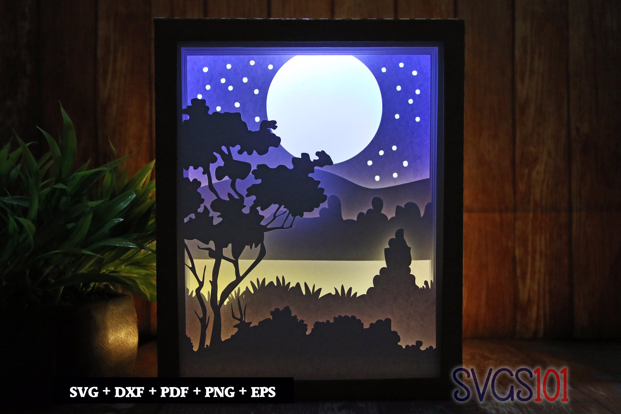 Night Moon Scene Paper 3D Shadow Box SVG 8x10