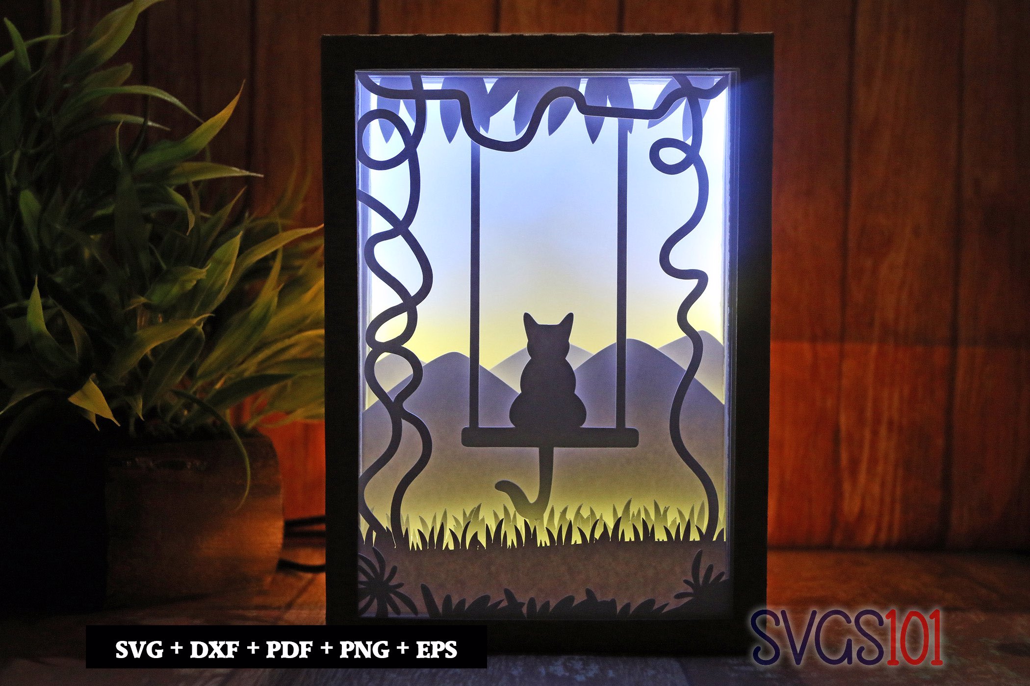 Cute Cat Sitting on Swing Shadow Box SVG 5x7