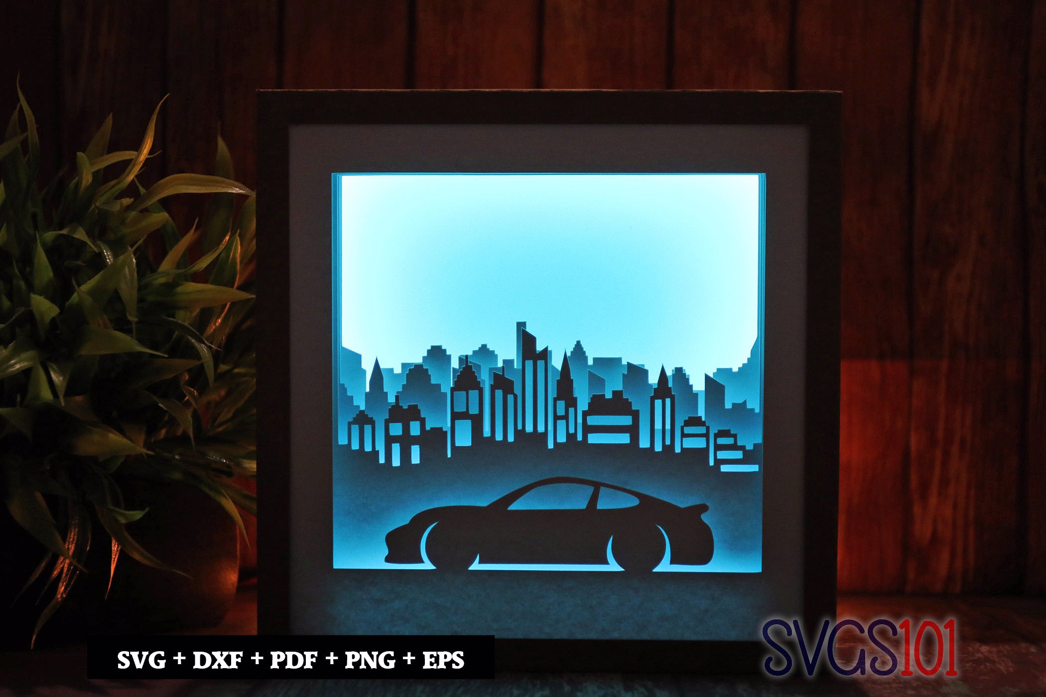 City with Car Landscape Square Shadow Box SVG 8x8 10x10 12x12