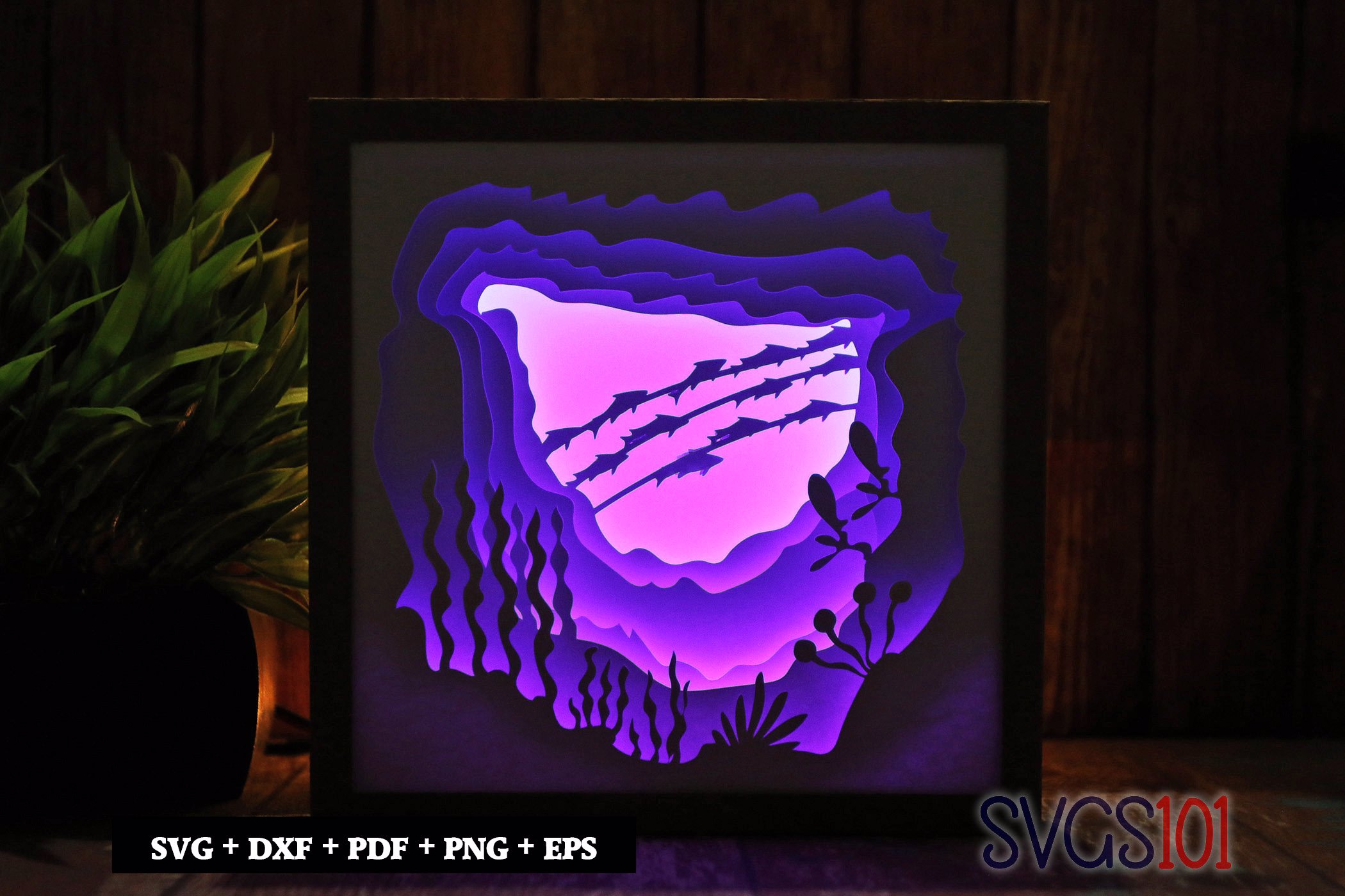 Fishes swimming underwater in the ocean DIY Shadow Box Light Box 8x8, 12x12