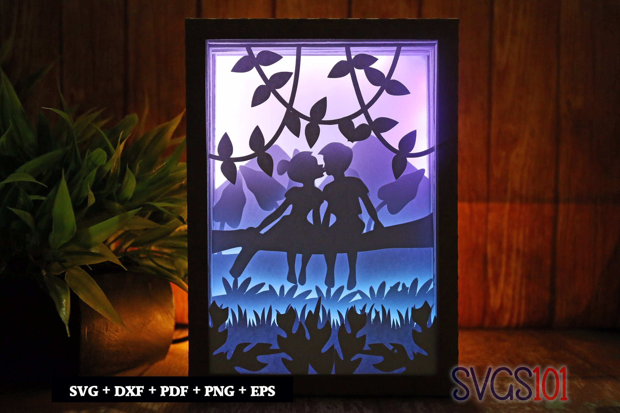 Lovely Boy and Girl Kissing on Tree Branch Shadow Box 5x7 Rectangle