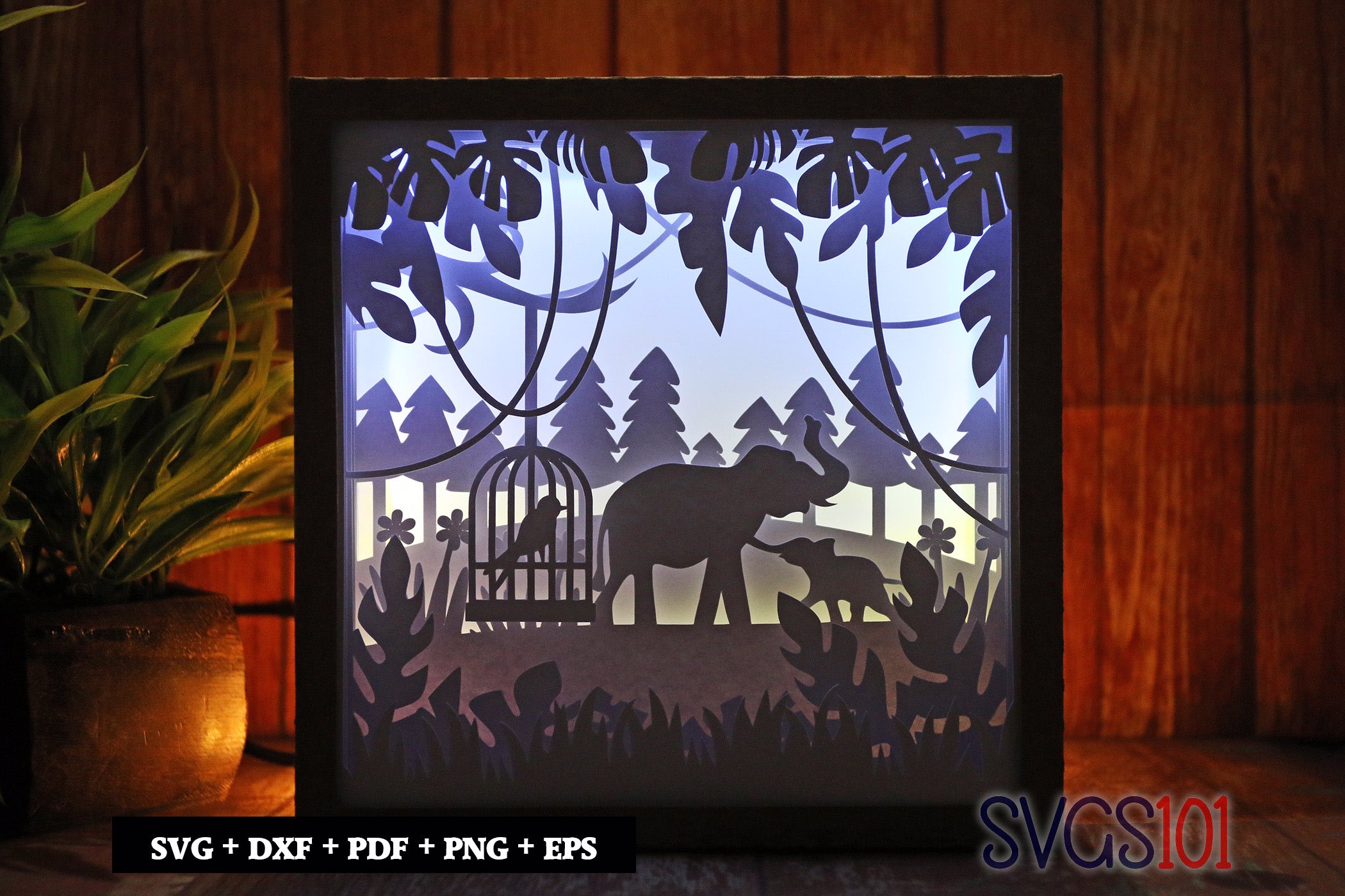 Elephants and Bird in Cage LED Light Box Shadow Box Square 8x8, 12x12