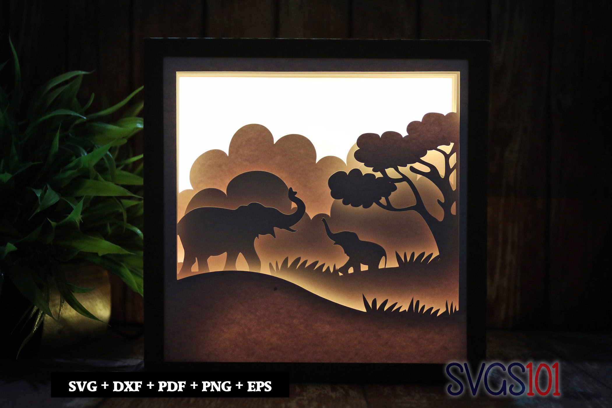 Elephant Family Paper 3D Shadow Box SVG 8x8 12x12
