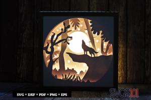 Wolf on Full Moon Paper 3D Shadow Box SVG 8x8 12x12