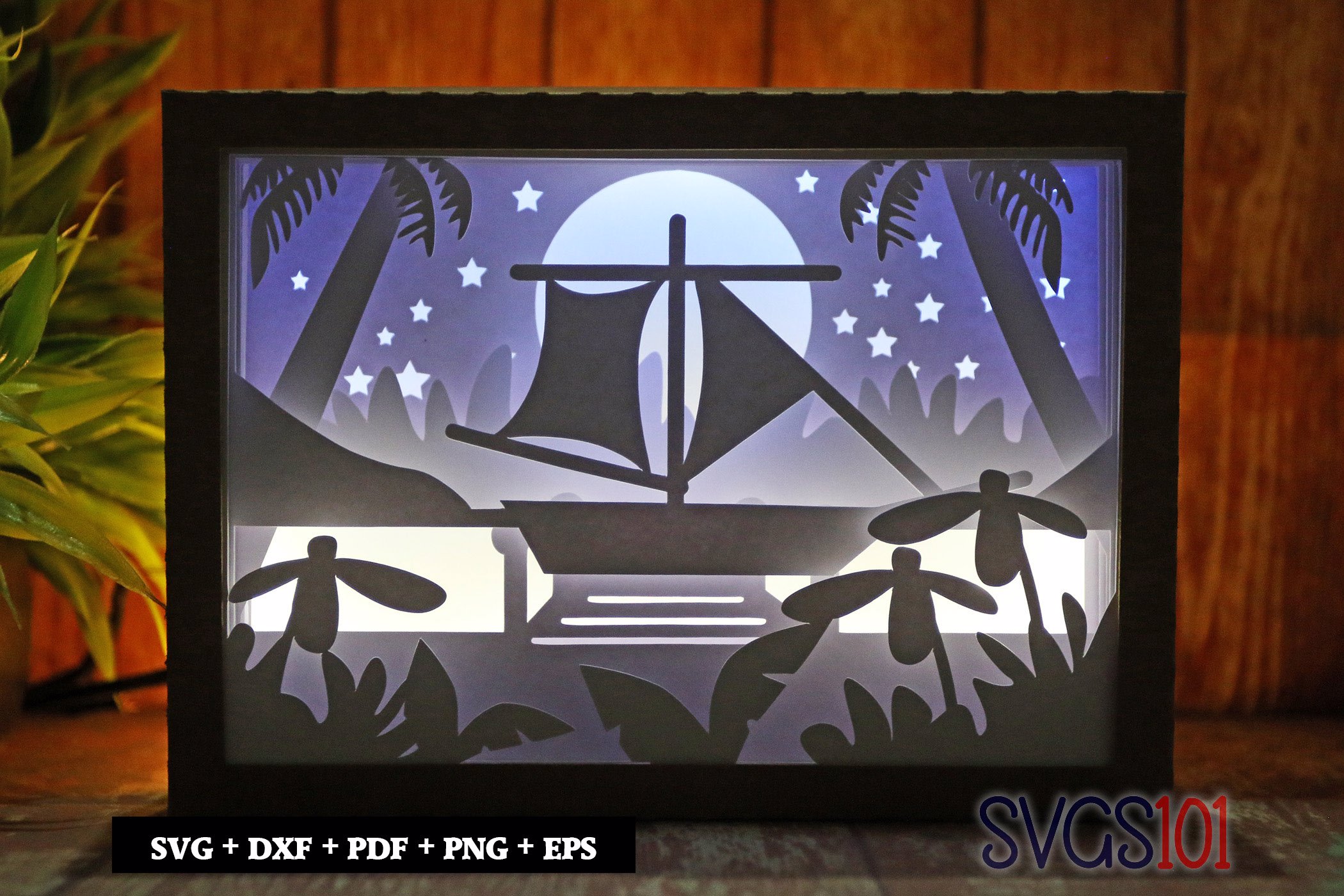 Beach View at Night with Sailing Ship Light Box SVG 5x7 Landscape