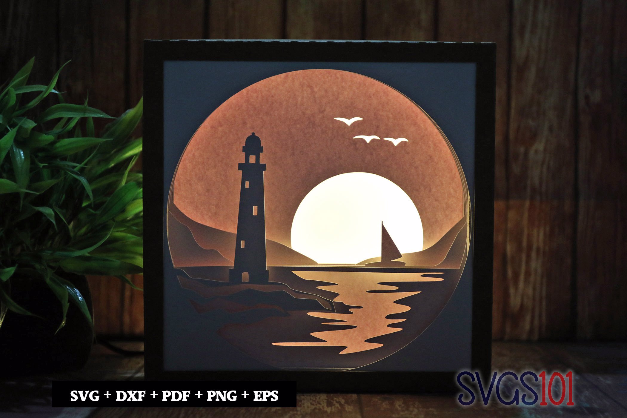 Lighthouse in sunset Square Shadow Box SVG 8x8 10x10 12x12