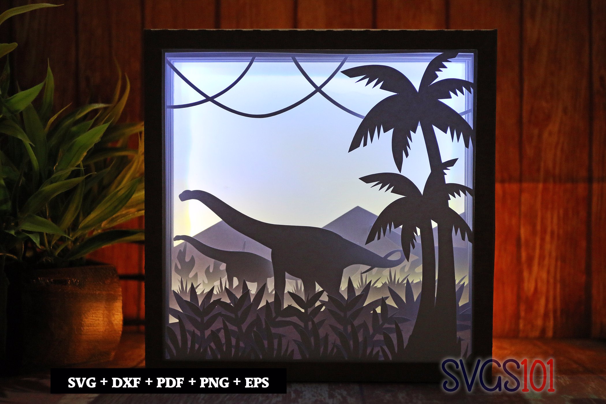 Dinosaur in Jungle LED Light Box Shadow Box Square 8x8, 12x12