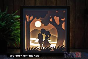 Kissing Couple in Sunset LED Light Box Shadow Box Square 8x8, 12x12