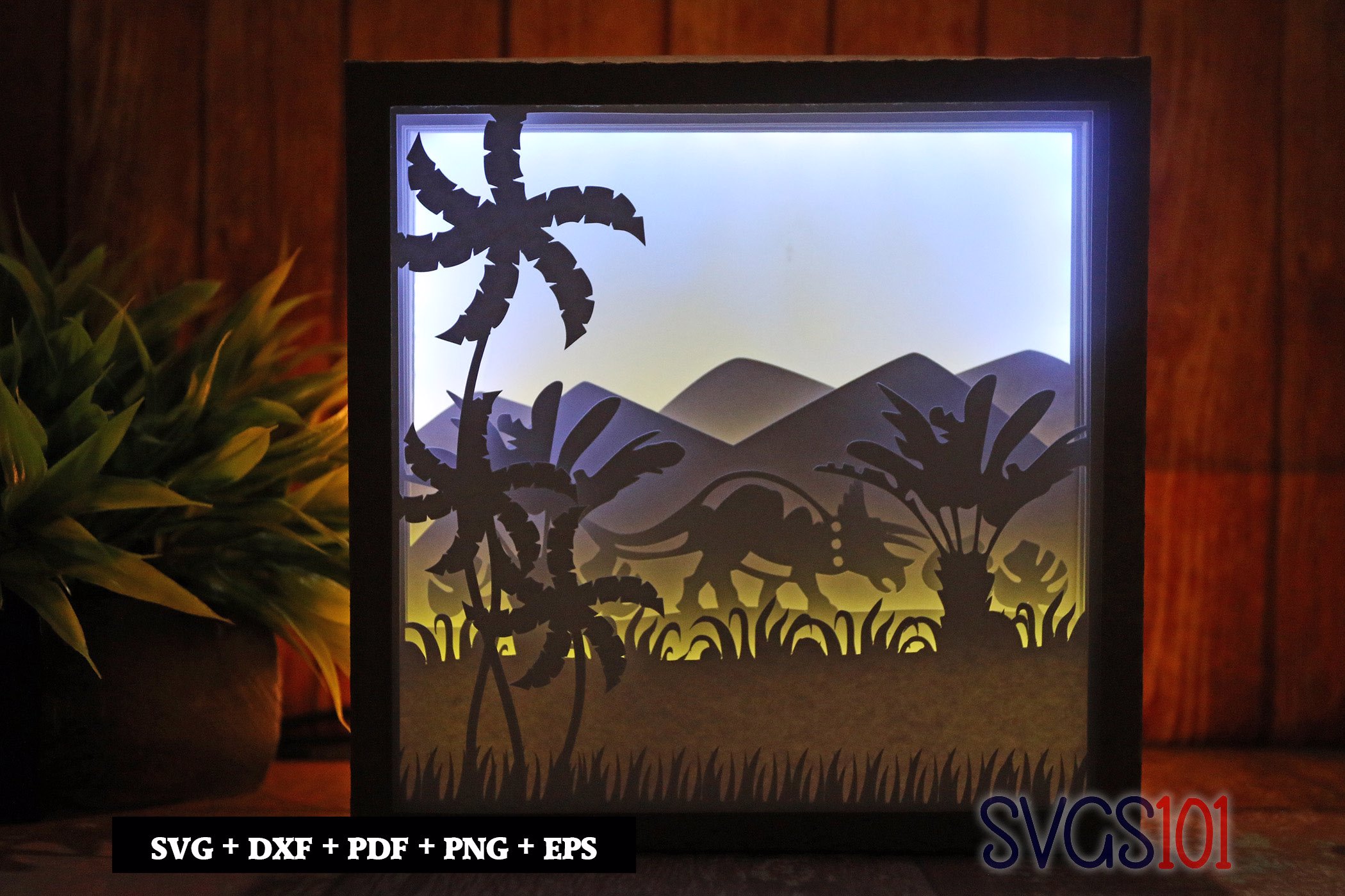 Triceratops Dinosaur in Jungle DIY Shadow Box Light Box 8x8, 12x12