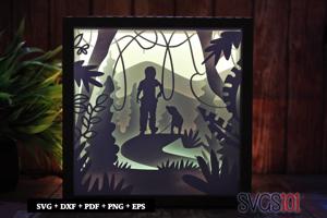 Boy Walking Dog LED Light Box Shadow Box Square 8x8, 12x12