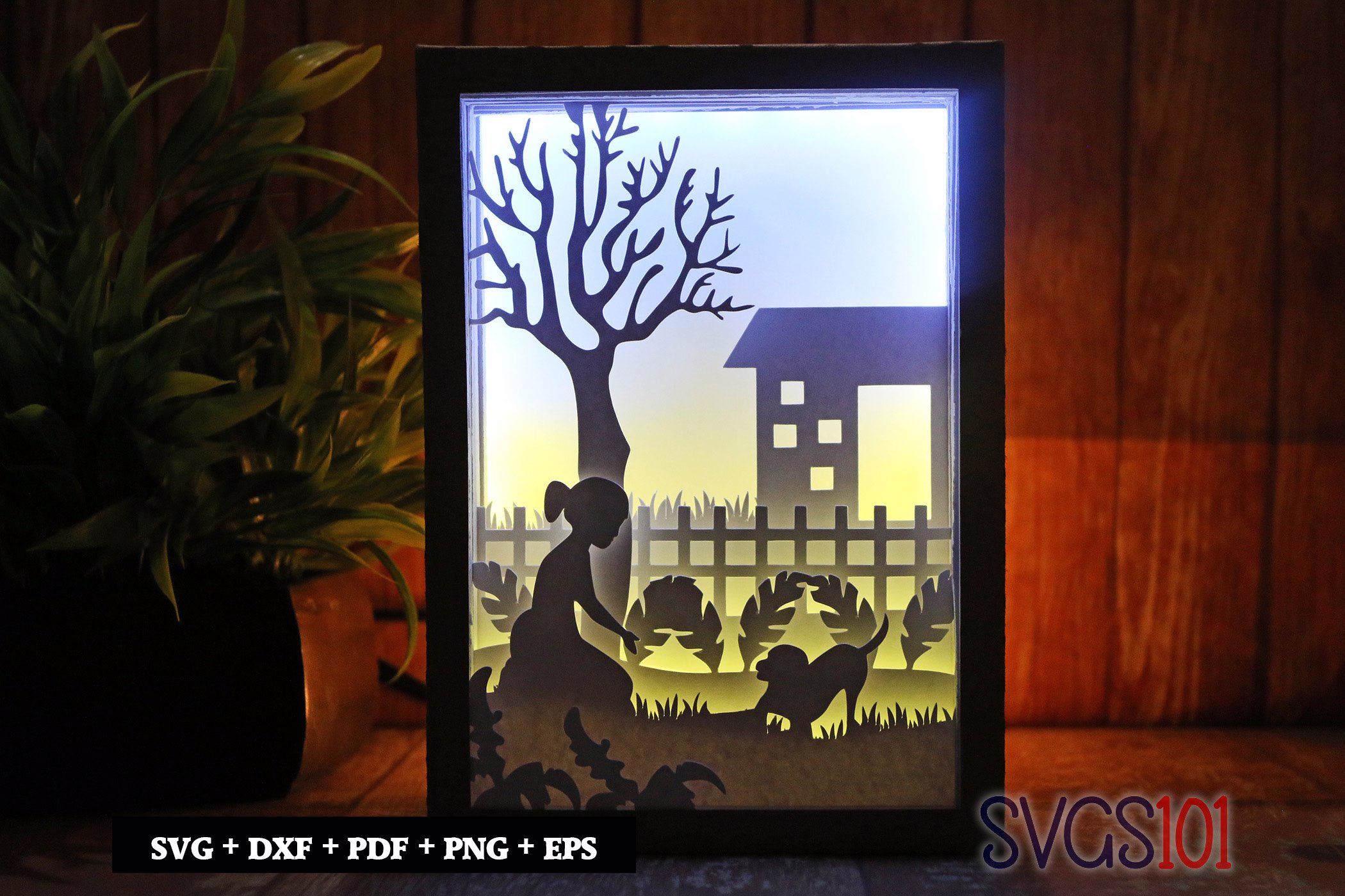 Young Kid with Cat Shadow Box SVG 5x7