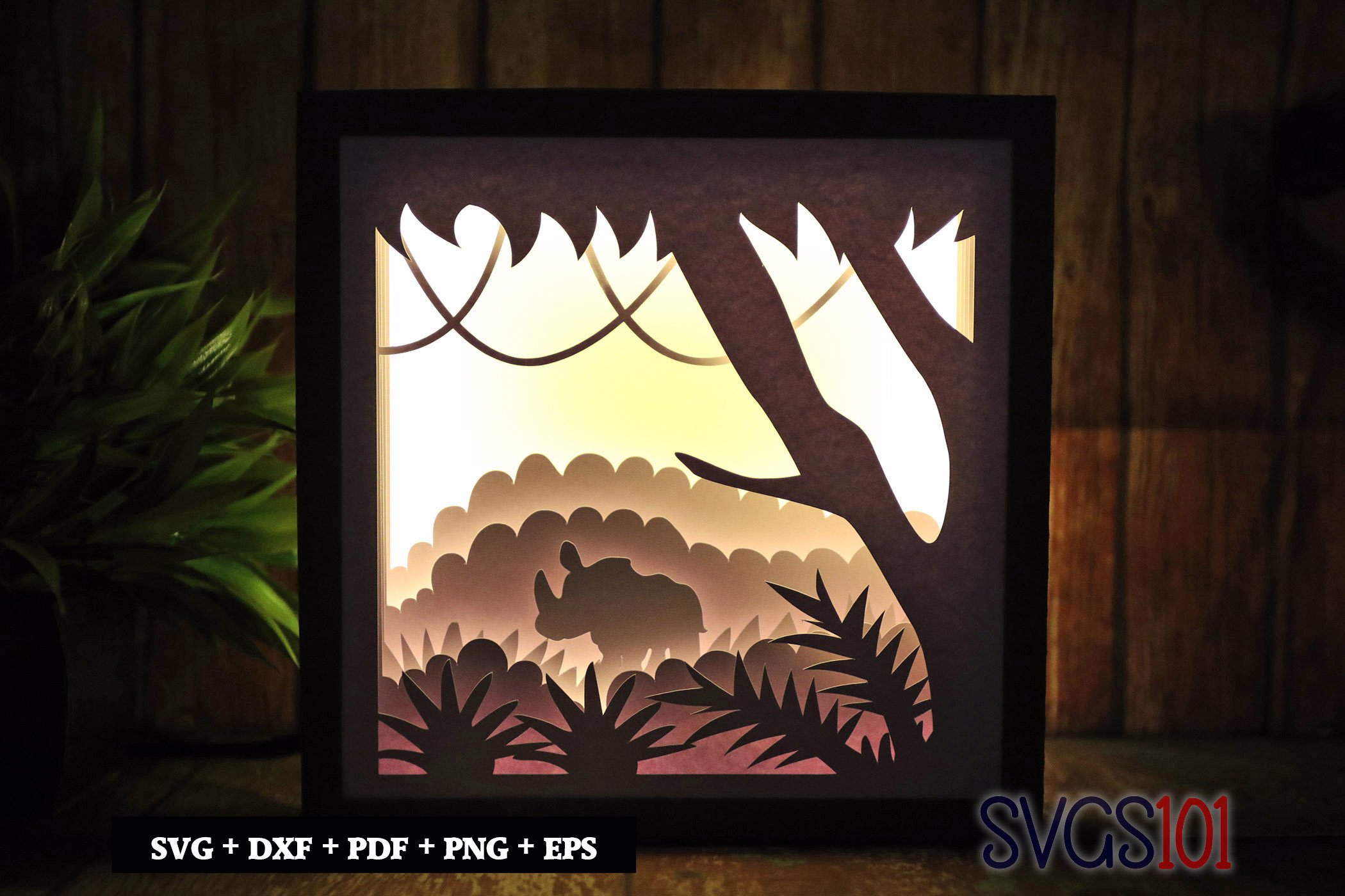 Rhinoceros walking in Jungle LED Light Box Shadow Box Square 8x8, 12x12