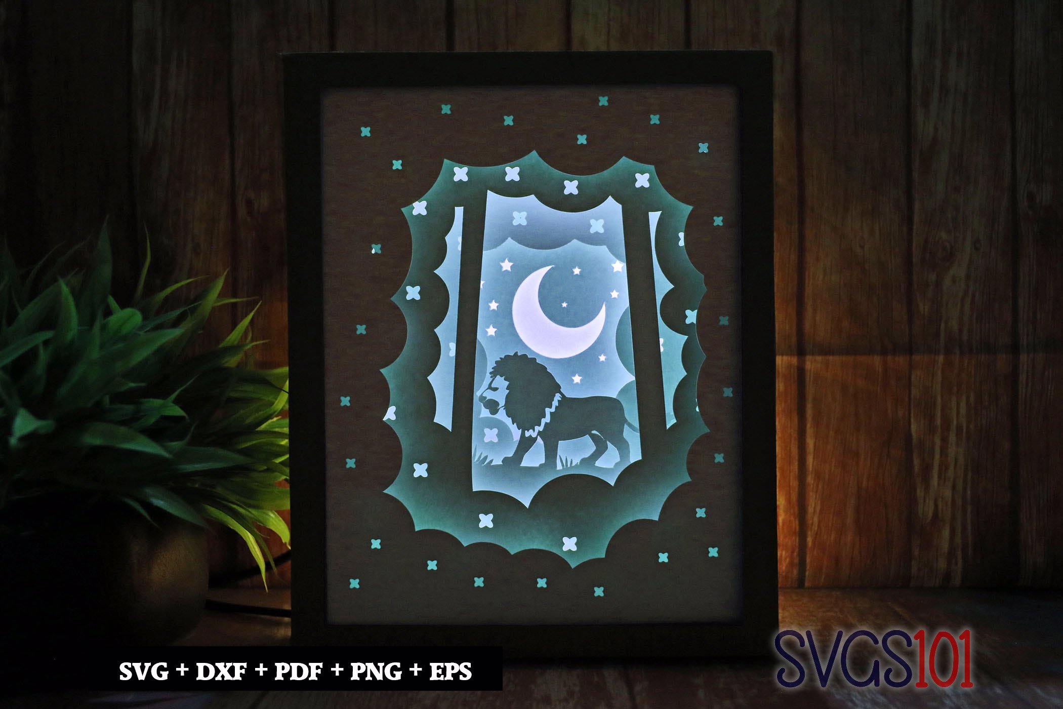 Lion walking in Night Paper 3D Shadow Box SVG 8x10